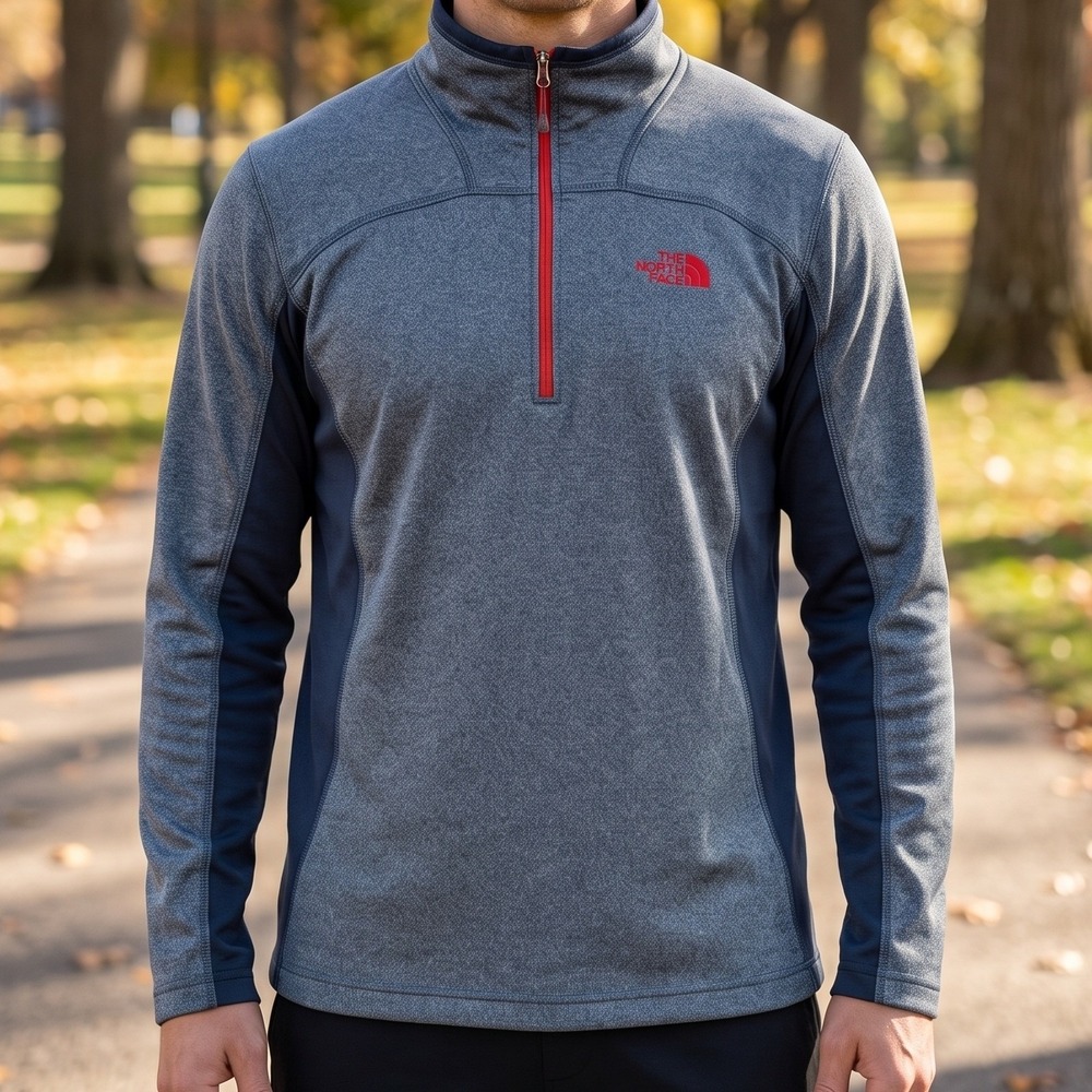 The North Face Mens 1/4 Zip Pullover Heather Grey Navy Blue Orange Logo 5581